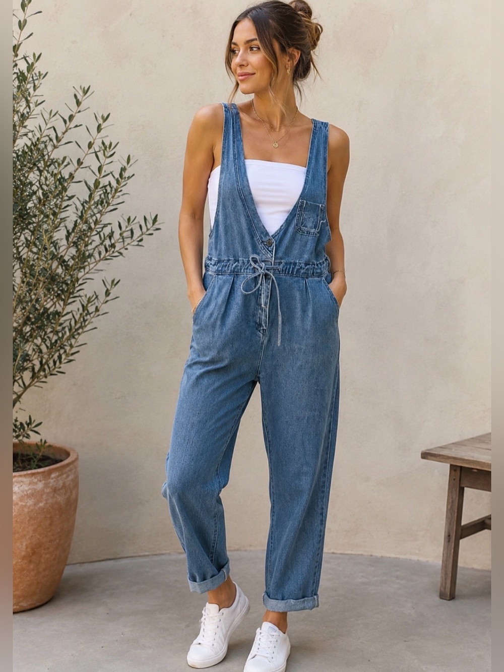 Dazy Denim Overall Jumpsuit Small Blue Drawstring Waist Sleeveless Relaxed Fit